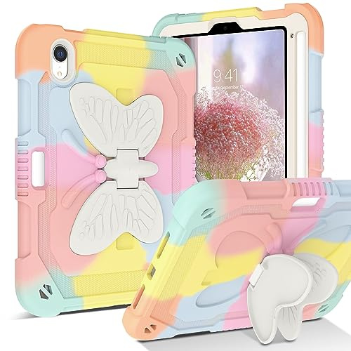 YINLAI Case for iPad Mini 7（A17 Pro）2024/iPad Mini 6 Gen 2021 Camo Two Layer Bumper Shockproof Butterfly Stand Protective Full Body Kid Cover Case for iPad Mini 7th/6th 8.3 Inch, Colorful Rose Gold