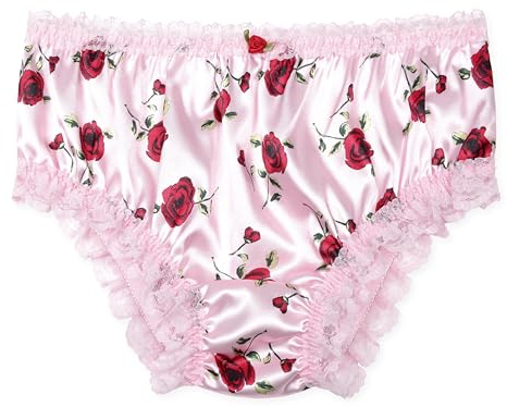 Satini Satin Gerüschte Spitze Sissy French Knickers Slips Höschen Unterwäsche (Zartrosa - rote Rosen, L)