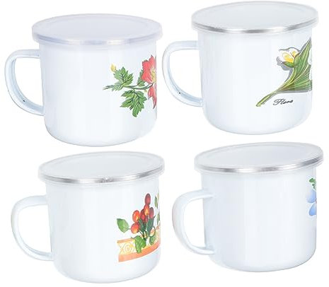 Cabilock 4 Piezas Copa con Borde esmaltado Campamento de té Tazas de Vidrio expreso Taza de café con Tapa Tazas de café con Tapas Tazas de Agua caseras Tazas de Esmalte Antiguo
