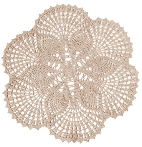 BOMHCS Centrino in pizzo fatto a mano all'uncinetto, rotondo, da 39,4 cm a 44,5 cm, con 6 petali e fiori, sottobicchieri, vintage, per vasi, tazze (1, beige)