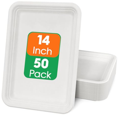 ECOLipak 50 Pack 14 Inch Disposable Food Crawfish Trays, Compostable Large Paper Plates, Disposable Thanksgiving Trays for Serving Food, Turkey, BBQ, Seafood Boil Party Supplies(White)