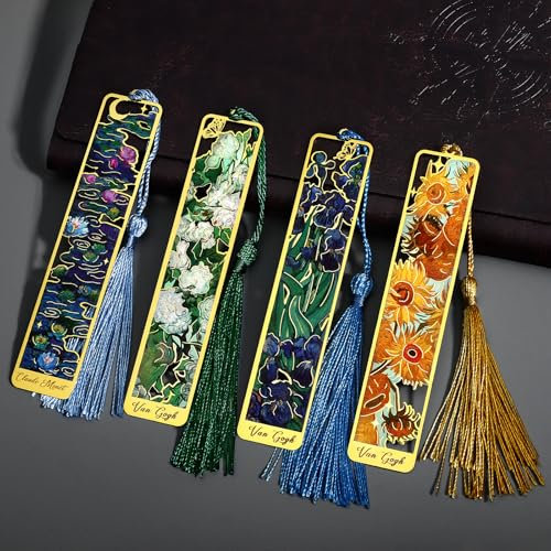 4 Pieces Metal Bookmark with Tassel,Cute Bookmarks Oil Painting Theme Aesthetic Bookmark Golden Van Gogh Book Marks for Women Man Book Lovers Writers Reader Adult Children Teens