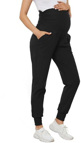 Pantalon de maternité pour femmes avec sur-ventre élastique, jogging pour femmes, pantalon de sport, pantalon de grossesse, pantalon de yoga avec poches, Noir , M