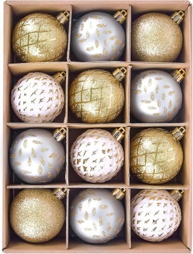 Beinhome Weihnachtskugeln 12 TLG. 6cm Plastik Christbaumkugeln Set Christbaumschmuck für Weihnachtsbaum Dekoration Weihnachtsdeko Hausdeko Elegant Thema weiß Gold Silber