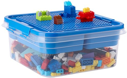 OGANAZI Plastic Building Block Bricks Storage Box, 24 * 24 * 11cm, Blue | Lego Box with Sorting Tray and Building Plate Lid for Interlocking Building Accessories, Lego Storage, Lego Head Storage