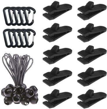 Hitopin Zeltplanen Clips, 30PCS Planenhalter Clips, Zeltplane Clips Planenbefestigung,Zelt Clips Set,10 Planenclip,mit 10 Seil+10 Windseilschnalle für Zelt Camping Vorzelt (Schwarz)