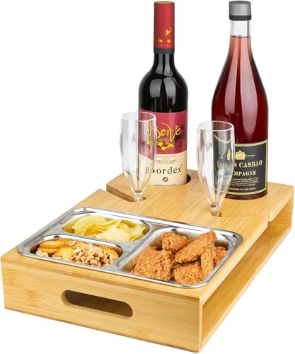 Bandeja para sofá con 2 cuencos para aperitivos, bandeja de bambú para sofá, barra de aperitivos, barra de sofá con soporte para bebidas, bandeja organizadora de sofá, regalo para fiestas de mayordomo