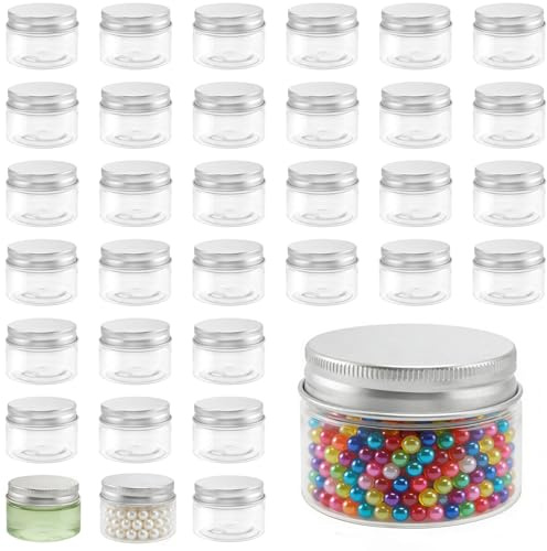 TAICHEUT 80 tarros de plástico para dulces de 30 ml con tapas de aluminio plateado, recipientes de almacenamiento de plástico transparente de 1 onza para manualidades, dulces, galletas, frijoles,