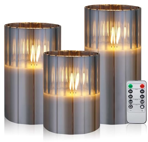 CCLIFE Candele LED Candele batteria con effetto vetro, Candele Senza Fiamma candele elettriche pilastro con telecomando timer per decorazione natale, 3 pezzi in Grigio CushHom