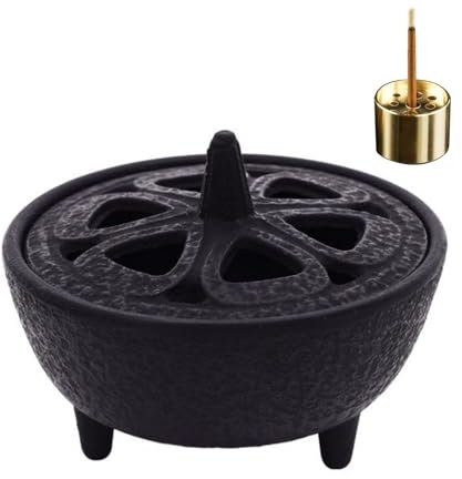 Cast Iron Incense Burner with 9-Hole Copper Incense Holder - Works for Incense Sticks, Cones, Resins, and Wax Melts, Log Burner Wax Melts Warmer