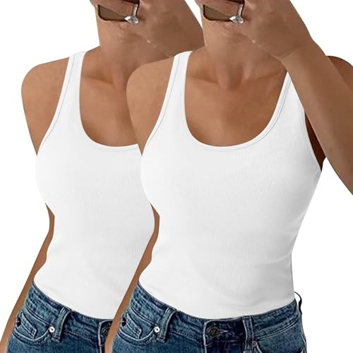 Aottori Tank Top Damen Ärmellos Rundhals Basic Shirt Gerippt Sexy Obertiele Baumwolle Sommer Weste Ribbed Tops Weiß+Weiß S