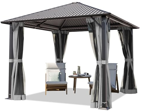 TOOLPORT Garden Gazebo 3x3 m with Steel Roof - Hardtop Pavilion with 4 Curtains and 4 Mosquito nets in grey