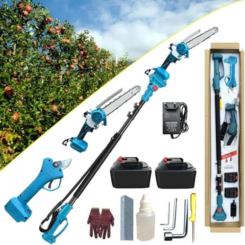 Scie à branches hautes et sécateur électrique 4 en 1 amélioré, mini tronçonneuse sans fil de 8 pouces avec rallonge de 125 à 220 cm, avec 2 batteries de 1,3 Ah, coupe-branches et sécateur