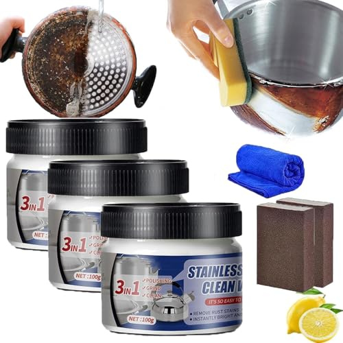 Edelstahl Reinigungs Wachs, Magische Nano-Technologie Edelstahl Reinigungspaste, Metall Politur Paste, Edelstahl Reiniger und Politur für Geräte, Oberflächensicher, Keine Rückstände, 100g (3)