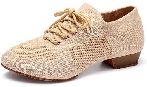 ZYXNYGV Women's Dance Shoes Closed Toe Lace-up Split Rubber Sole Standard Practice Social Salsa Ballroom Latin Jazz Beginner Teaching Dance Shoes,Beige
