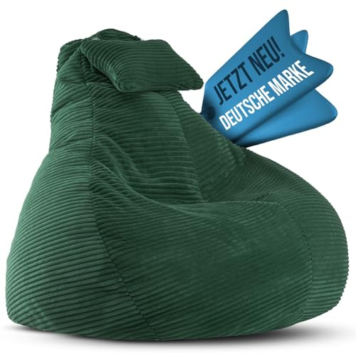 LazyCloud Sitzsack für Erwachsene mit integrierter [Nackenstütze] Cord | XXL Indoor Bean Bag mit Füllung | perfekt als Chill-, Lese- oder Gaming Sessel (90 x 80 x 70 cm) Jetzt Farbe Wählen (Waldmoos)