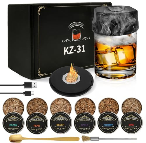 Electric Whiskey Smoker Kit Built-in Lighter,No Butane Needed, Rechargeable Cocktail Smoker with 6 Wood Flavours for Old Fashioned Drink Whisky,Gifts for Men,Dad Husband,Cleaning Brush Included