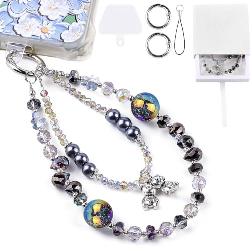 ANBOOR Diebstahlsicheres Handyarmband für Frauen, Perlenarmband mit Kristallen und süßem Bärenanhänger, Handykette mit Befestigungsschlaufe – stilvolles Lanyard für Handgelenk & Freisprechen