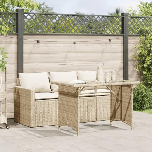 Teenpull 2-TLG. Garten-Essgruppe, Beige Poly Rattan Outdoor Möbel Set mit Hartglas Tischplatte, Bequeme Kissen, UV-beständig, für Terrasse, Balkon