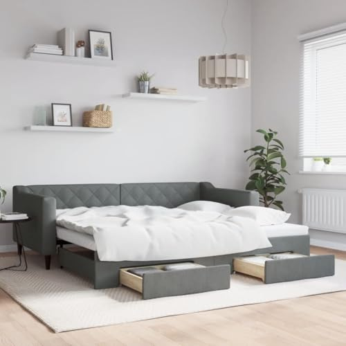 Frdhee Bett Gestell Familienbett, Tagesbett Ausziehbar mit Schubladen Dunkelgrau 90x200 cm Stoff für Schlafzimmer Gästezimmer