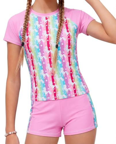 JiAmy Girls Swimming Costume Kids Two Piece Short Sleeve Swimsuit UV Sun Protection Swimwear Summer Beach Bathing Suit 4-12 Years