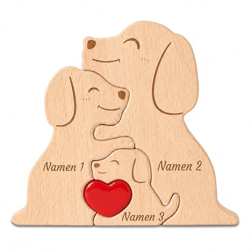 Holzkpuzzle der Bärenfamilie mit 4 Namen, Familienpuzzle Holzfiguren (Hunde)