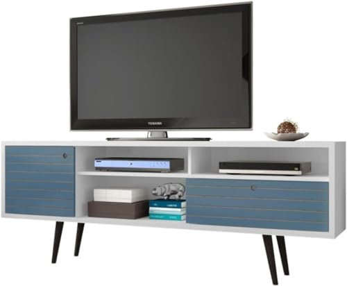 Manhattan Comfort Liberty Collection Mid Century Modern TV Stand With One Cabinet and Three Open Shelves and One Cubby With Splayed Legs, White/Wood