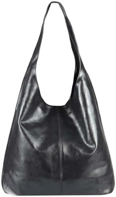OBC Made IN Italy Damen Leder Hand-Tasche METALLIC Shopper Schultertasche Hobo-Bag Henkeltasche Beuteltasche Silber (Schwarz-Metallic)