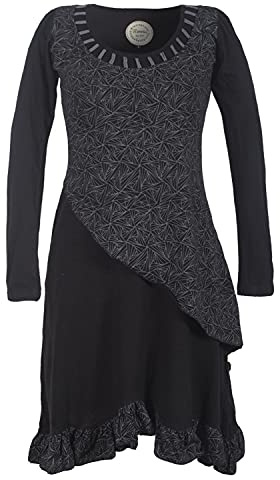 Vishes - Alternative Bekleidung - Langes Asymmetrisches Damen Lagenkleid Baumwolle Runder Ausschnitt schwarz 48