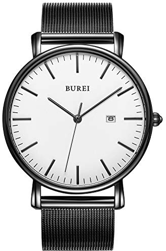 BUREI Herren Uhren Schwarze Minimalistische Ultra Dünne Quartz Analog Datum Edelstahl Mesh Band 41MM