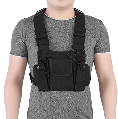 Heayzoki Walkie-Talkie bröstficka, nylon, radio, walkie talkie, bröstficka, seleväska, paket, universell, handsfree, justerbar väska, hängande, främre packfodral för Walkie Talkie