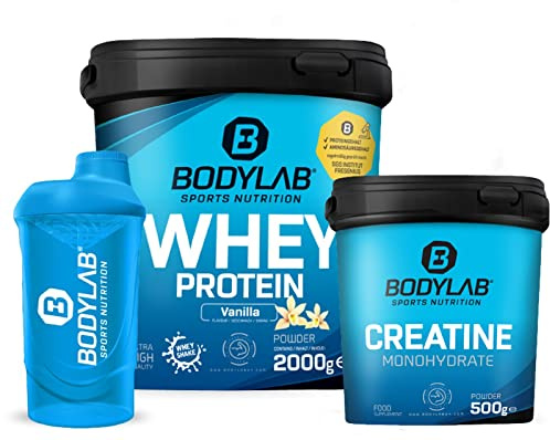 Bodylab24 Megadeal Basic Aufbau, Whey Protein Vanille, Creatine Monohydrate + Shaker für Kraftsport und Fitness, kann den Aufbau und Erhalt von Muskelmasse unterstützen