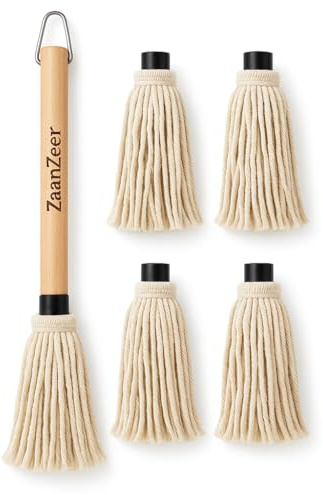 ZaanZeer BBQ Mop Brush with 4 Replaceable Cotton Heads – 18 Extra-Long Wooden Handle Grill Basting Mop for Barbecue Sauces, Marinades & Butter – Professional Pitmaster Basting Brush