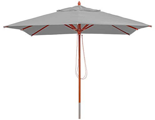 Mendler Gastronomie Holz-Sonnenschirm HWC-C57, Gartenschirm, Polyester/Holz 14kg, eckig 3x3m Seilzug stoßsicher - hellgrau