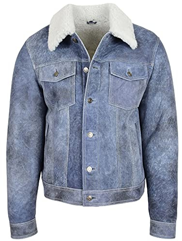 House of Leather Herren Echt Schaffell Trucker Shearling Jacke Noah Denim Blau XL