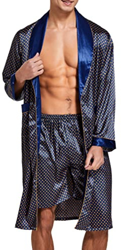 Badrock för män, satin, lätt silke, långärmad badrock med shorts, set, spa kimono nattkläder, Blå med gyllene, M