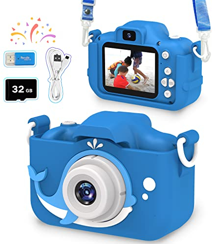 Dwfit Fotocamera per bambini, fotocamera digitale per bambini, videocamera giocattolo selfie 1080P HD con scheda 32G, regalo per ragazze e ragazzi di 6-12 anni (Blue)