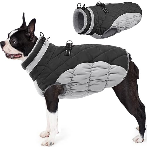 AOFITEE Hundemantel für Mittelgroße Hunde, Warme wasserdichte Hundejacke mit Geschir, Reflektierende Fleece Winddichter Wintermantel Hund für Kaltes Wetter, Hundemantel Französische Bulldogge, M Grau
