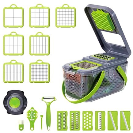 Hachoir à légumes 22 en 1 Pro Hachoir à oignons multifonction avec séparateur d'œufs, coupe-légumes réglable avec 13 lames, mandoline avec panier et récipient