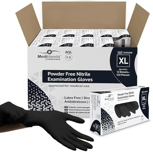 Farla Medical MediHands Black Nitrile Gloves | Powder Free | Latex Free | Pack of 100 (XL (Pack of 1000))