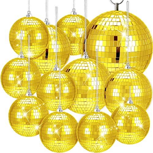 WILLBOND 12 Pack Disco Ball Mirror Ball with Hanging Ring for Fun Retro Disco Party Decorations Party Dj Lighting Effect Stage Props Game Accessories, 5.91, 3.94, 3.15, 2.36(Gold)