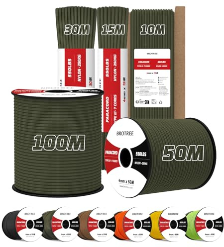 Brotree Paracord 550 4mm 100M 100% Nylon Seil Schnur Typ III mit 7 Stränge | 250kg (550lbs) Bruchlast, Survival, Outdoor, Armbänder, Hundeleine
