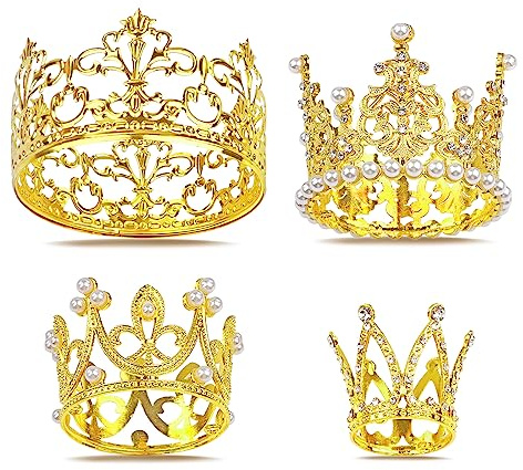 4 PCS Crown Cake Topper, Gold Mini Crown Flower Arrangements Bouquet, Crystal Pearl Vintage Tiara Small Baby Princess Crown for Birthday Wedding Party Baby Shower Decor Boys and Girls