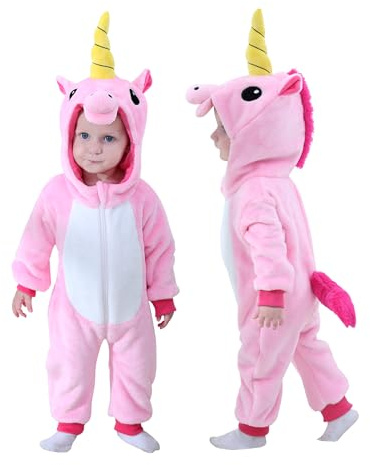 Doladola Babysparkdräkt för pojke och flicka, djurhuva, onesie, småbarn, overall, höst- och vinterkläder(4-5 år,Rosa enhörning)