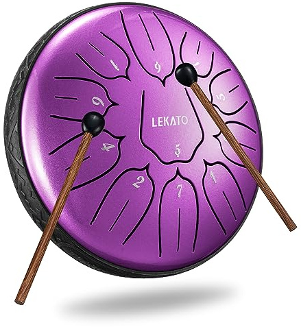 LEKATO Tambor de lengua de mano con llave en D de 11 notas, instrumento de percusión de tambor de acero morado nacarado para educación de meditación curativa, kit de regalo de tambor de tanque Hank