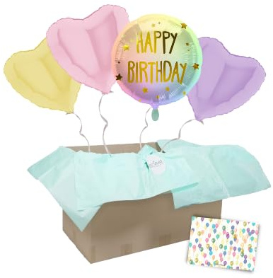 DECORAMI - celebrate happy times Heliumballons 4 Stück, Happy Birthday Regenbogen Pastell, Herzballons, Geburtstag Luftballons mit Helium befüllt, Ballongrüße mit personalisierter Grußkarte