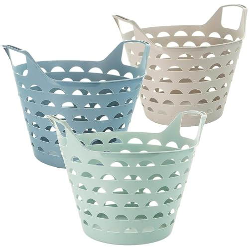Wäschekorb Flexi 3er-Set - Vielseitige Wäschewannen mit Griffen, 31x40x34 cm, 14 Liter, in Blau, Grün & Sand, Robust & Stabil, Made in EU