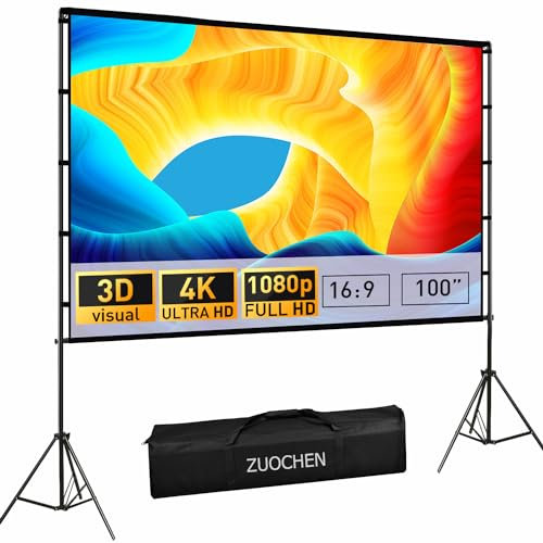 Ecran De Projection avec Support, ZUOCHEN 100 Ecran Videoprojecteur HD 16:9 sans Plis, Écran Projection Extérieur avec Sac De Transport pour Camping, Arrière-Cour, Cinéma Maison