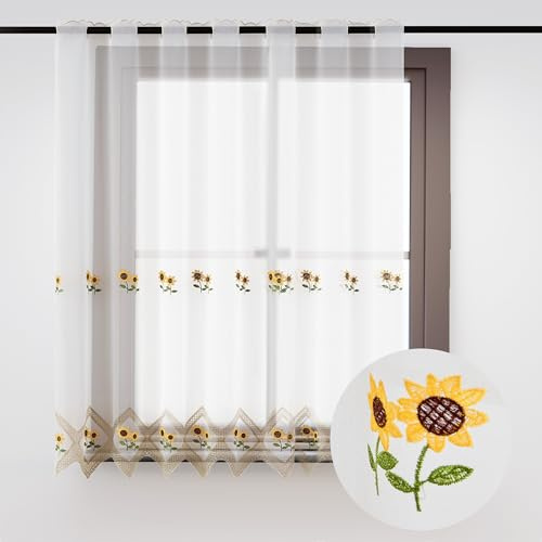 HOMEYA - Cortina Cocina 150 x 140 cm, Visillo Cocina con Bordados Transparente un Panel 150 x 140 cm (Ancho por Largo), Girasol