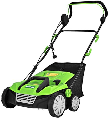 RELAX4LIFE Elektro Vertikutierer Rasenlüfter, 1800W|2-stufige|Arbeitstiefe 38cm Arbeitsbreite|45L Fangkorb, Rasenvertikutierer mit Messerwalze+Lüfterwalze, für Rasenpflege(38cm Arbeitsbreite,Grün)